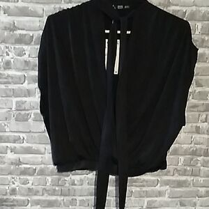 Zara black wrap front sleeveless batwing neck tie blouse
